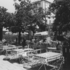 Mehrere Tische stehen in einem Münchner Biergarten am Rotkreuzplatz Ende der 1980er Jahre