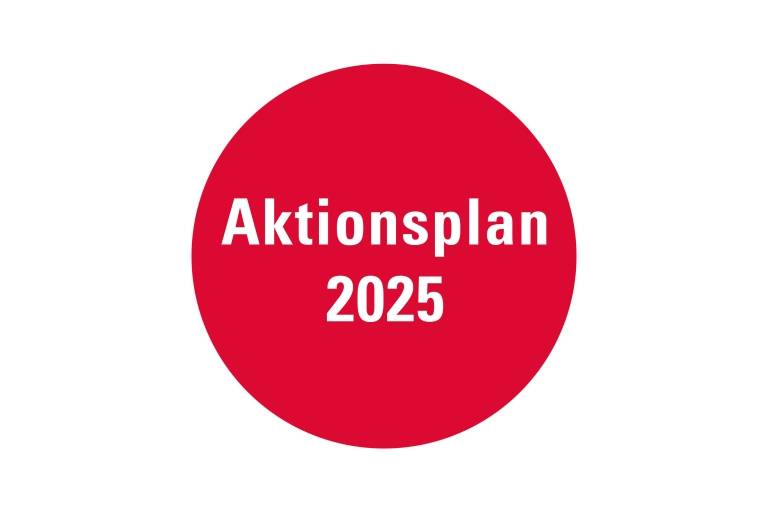 Ein roter Krei mit der Aufschrift Aktionsplan 2025